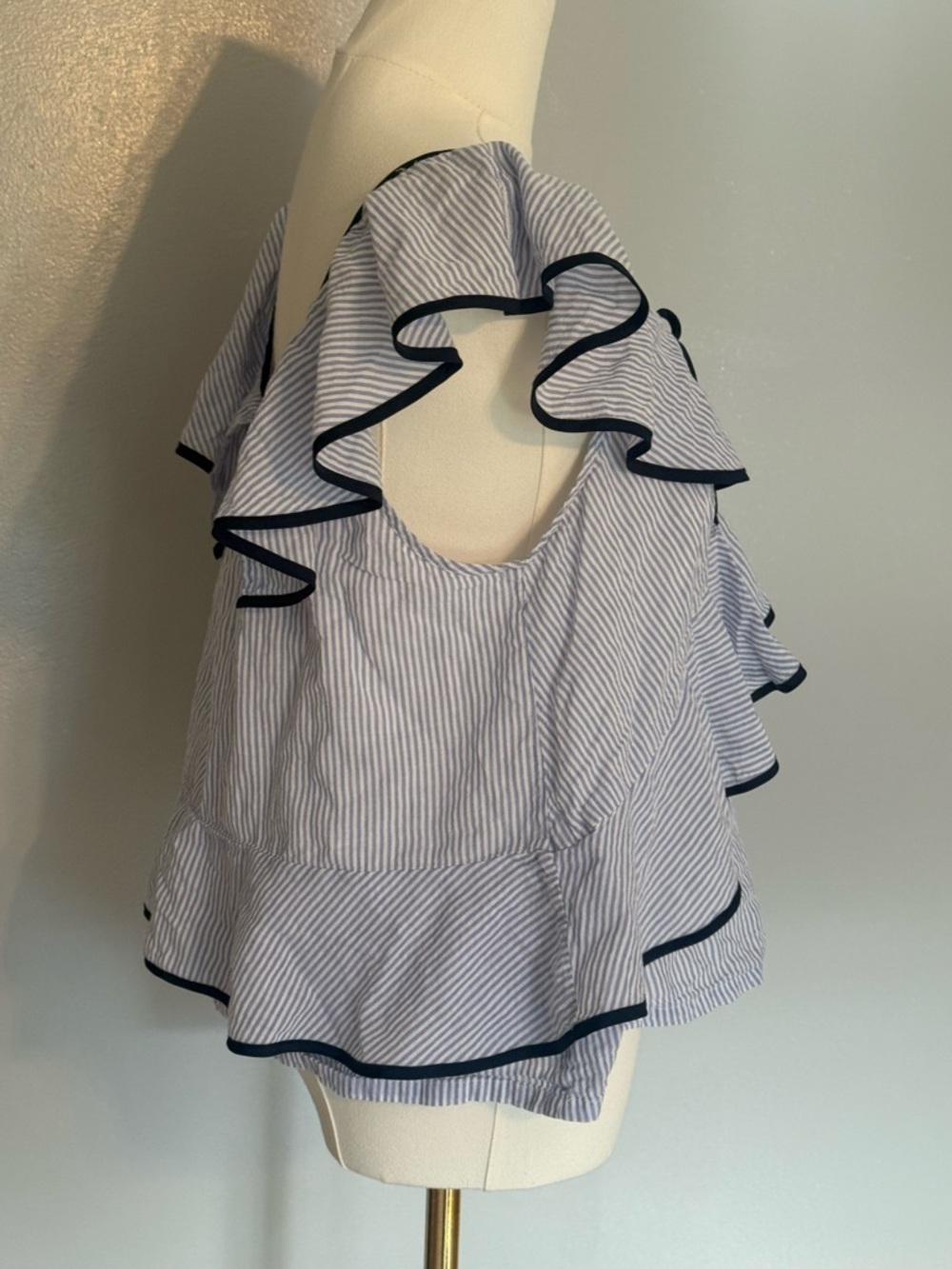 J. Crew Blue and White Striped Ruffle Off-Shoulder Top - Picture 2 of 6